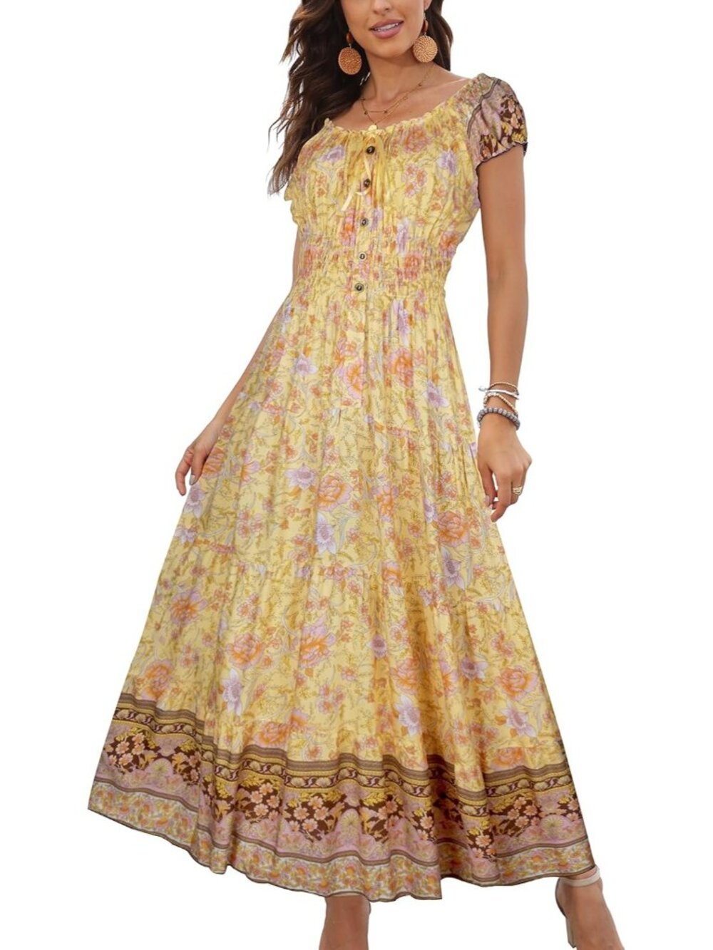 🆕Women's Yellow Boho Floral Print Tiered Short Sleeves Summer Flowy Maxi Dress
